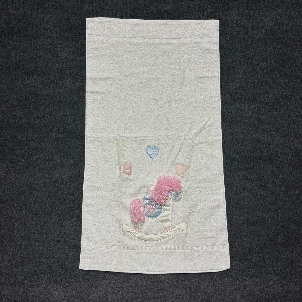 Cannon Bath Towel White Rocking Horse Hearts Baby Nursery Embroidered 26x49 USA